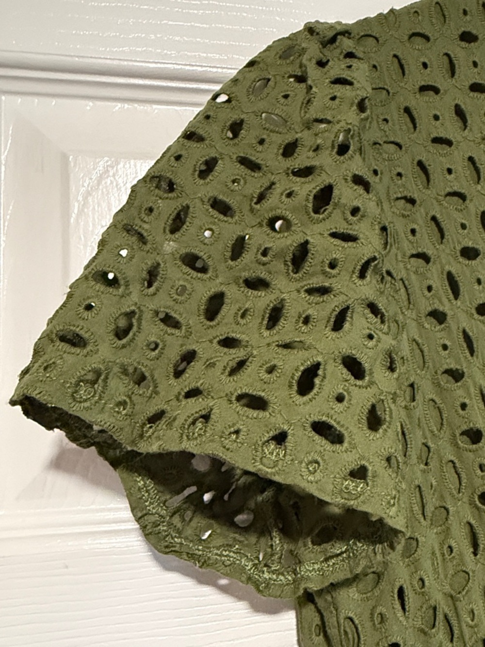 Women's Olive Eyelet Midi Dress with Smocked Waist - Picture 3 of 4